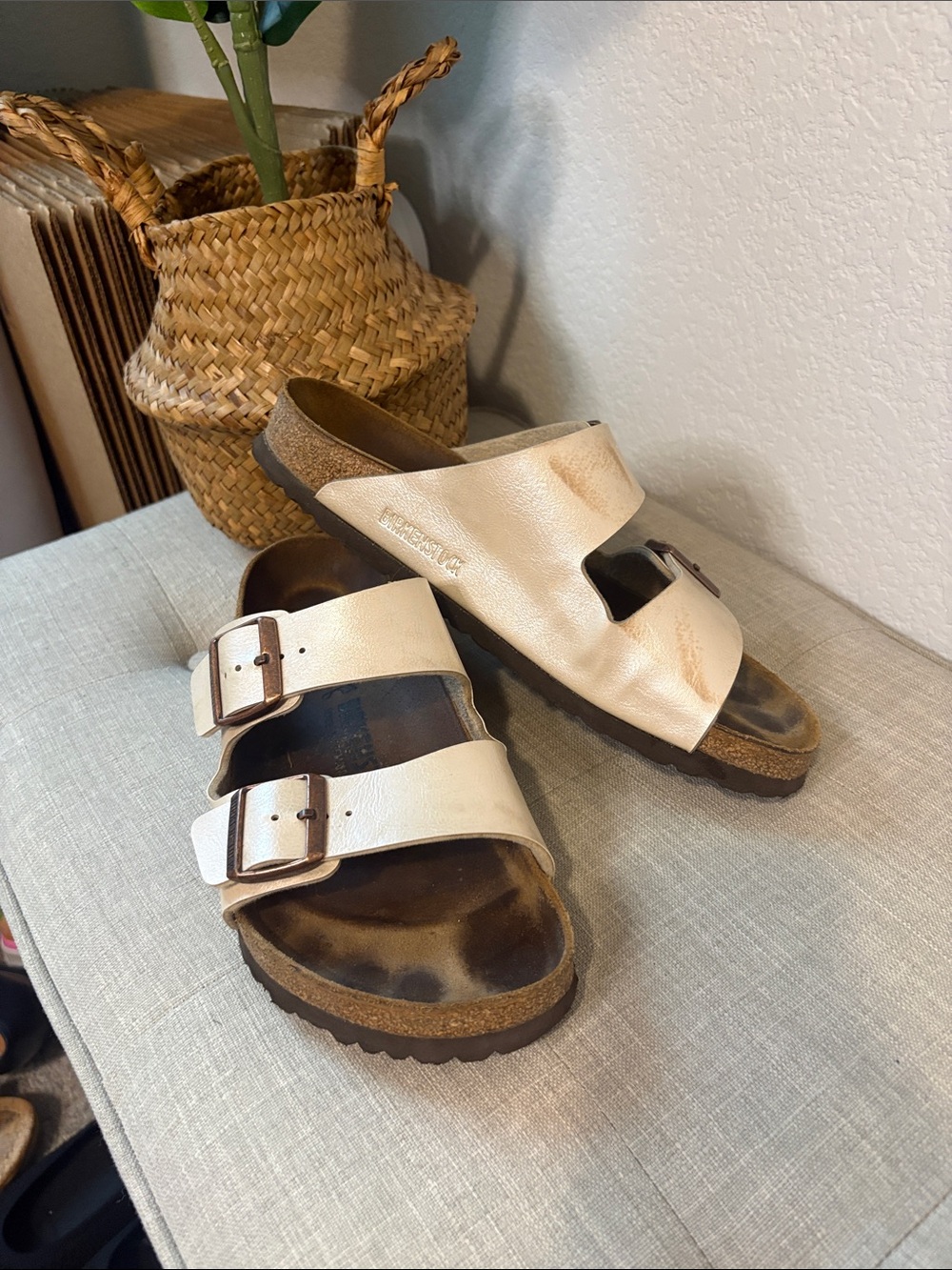 Birkenstock Two-Strap Slide Sandals in Metallic Cream 40 (9-9.5)